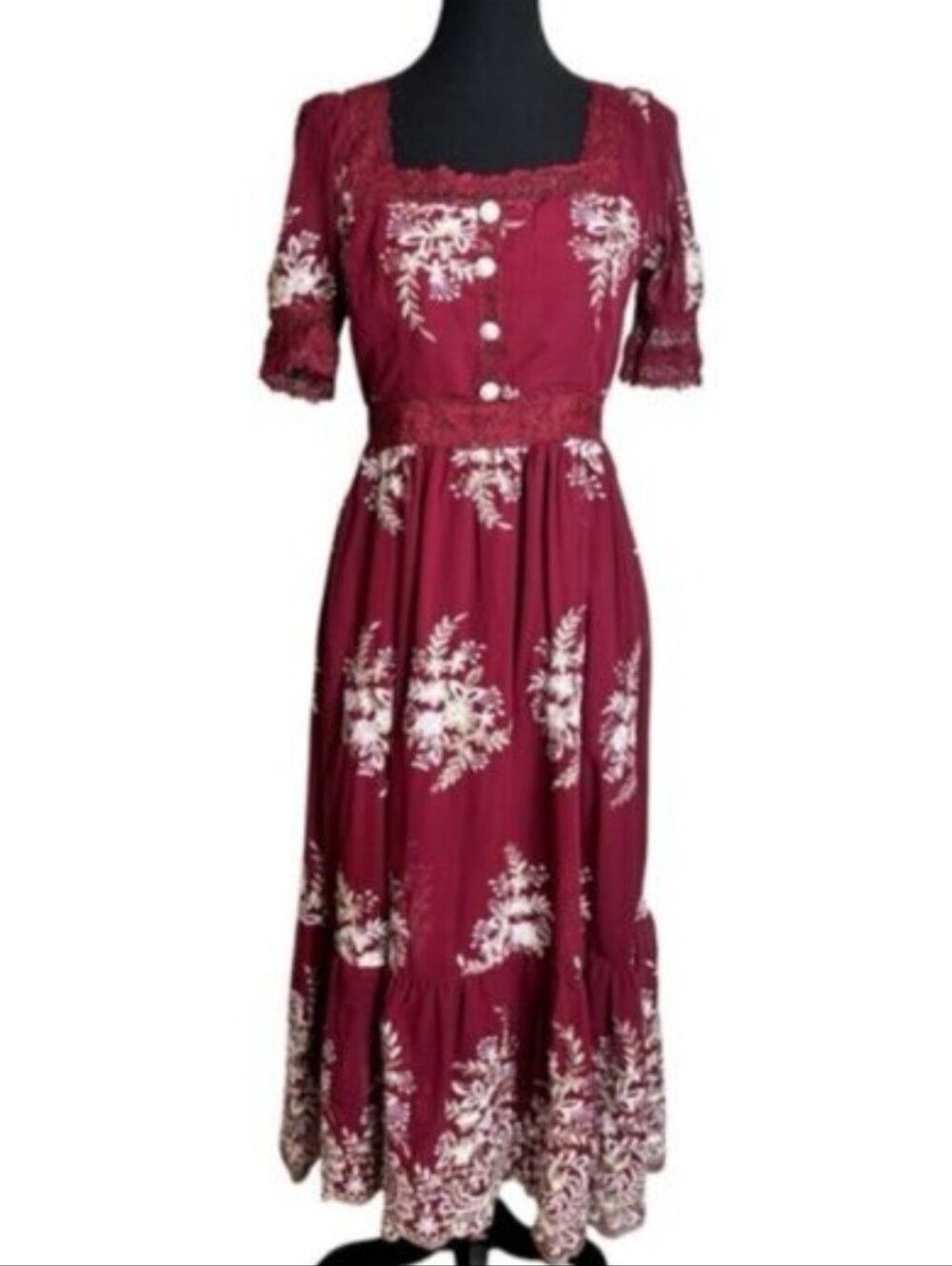(L)NWT  Burgundy Floral Maxi Dress with Lace Accents Embroidered Flowy Boho